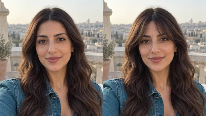 AI illustration comparing the same portrait before and after curtain bangs