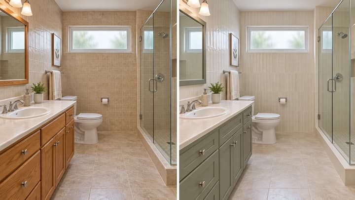 AI-generated comparison of the same bathroom with oak and beige finishes before and sage vanity fronts and ivory wall tiles after