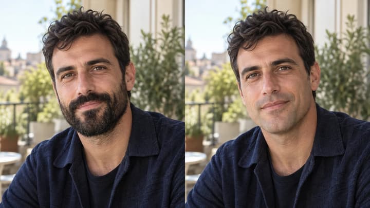 AI illustration comparing the same portrait with a beard and a clean-shaven preview