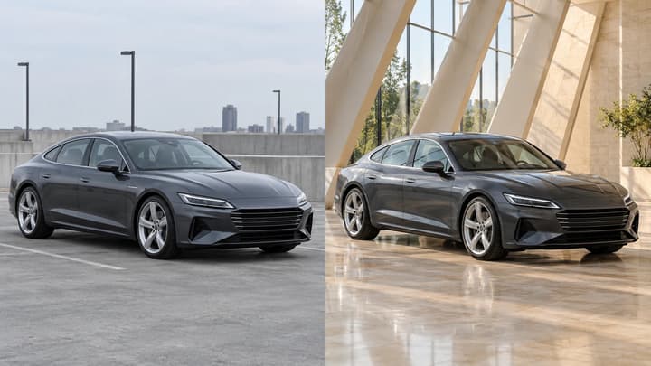 AI illustration comparing the same graphite car in a parking lot and a bright architectural atrium