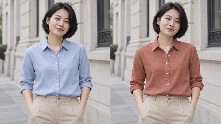 AI illustration comparing the same shirt in light blue and terracotta