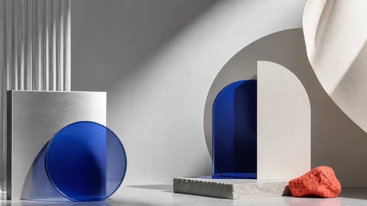 AI generated abstract brand visual with glass metal and paper forms