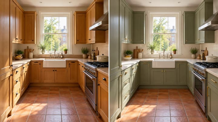 AI-generated comparison of the same kitchen before and after a sage cabinetry and light stone finish concept