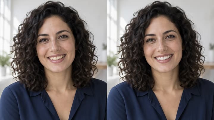AI illustration comparing a natural smile before and after subtle teeth whitening