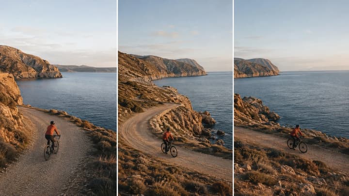 Três momentos ilustrados de um ciclista seguindo por um caminho costeiro