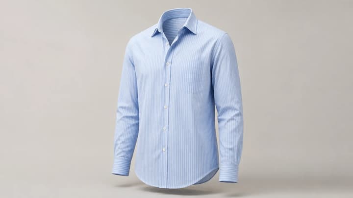 Camisa listrada azul-clara com gola vazada e ombros arredondados em foto horizontal de estúdio
