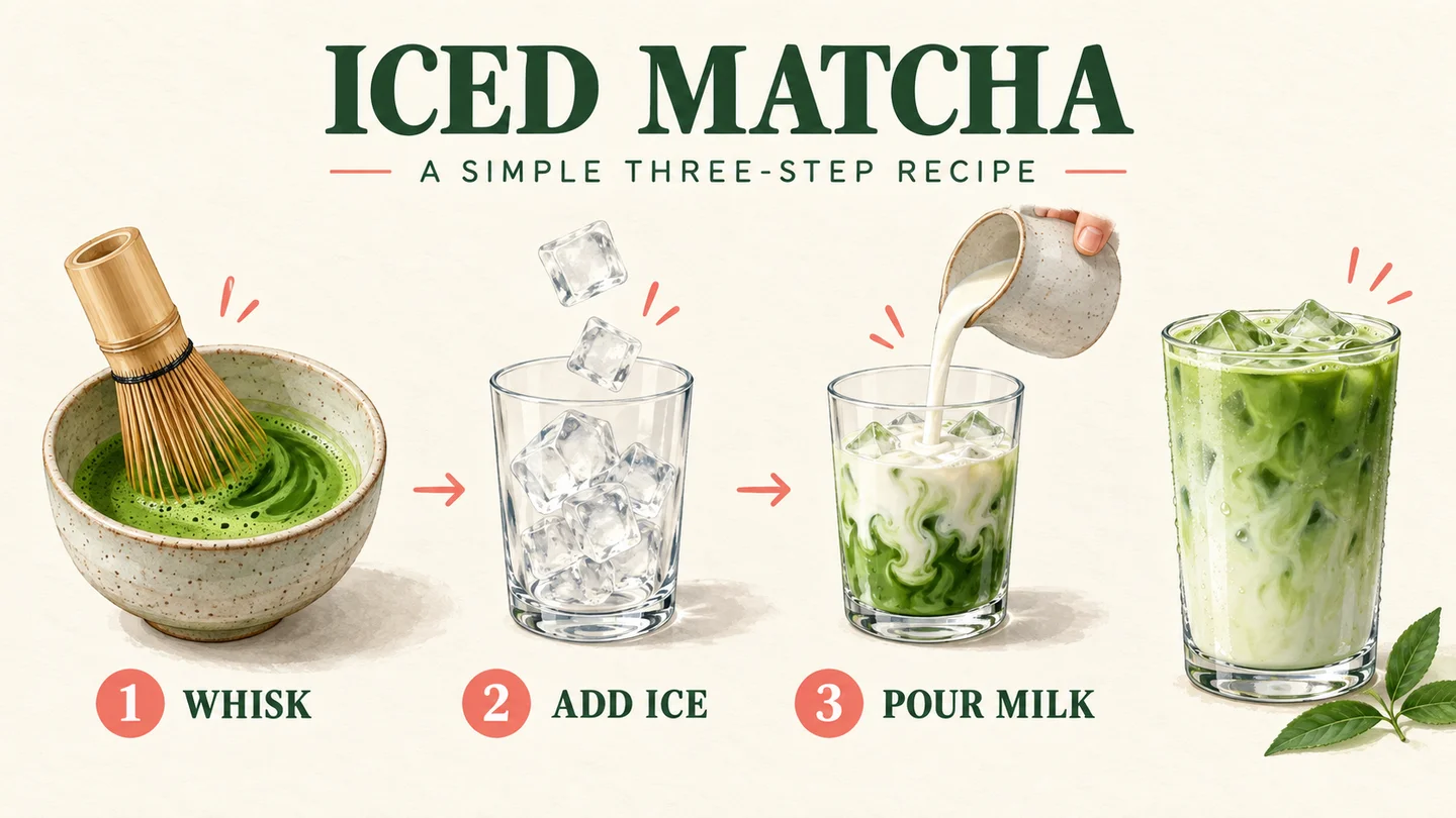 An illustrated three-step iced matcha recipe on a cream background.