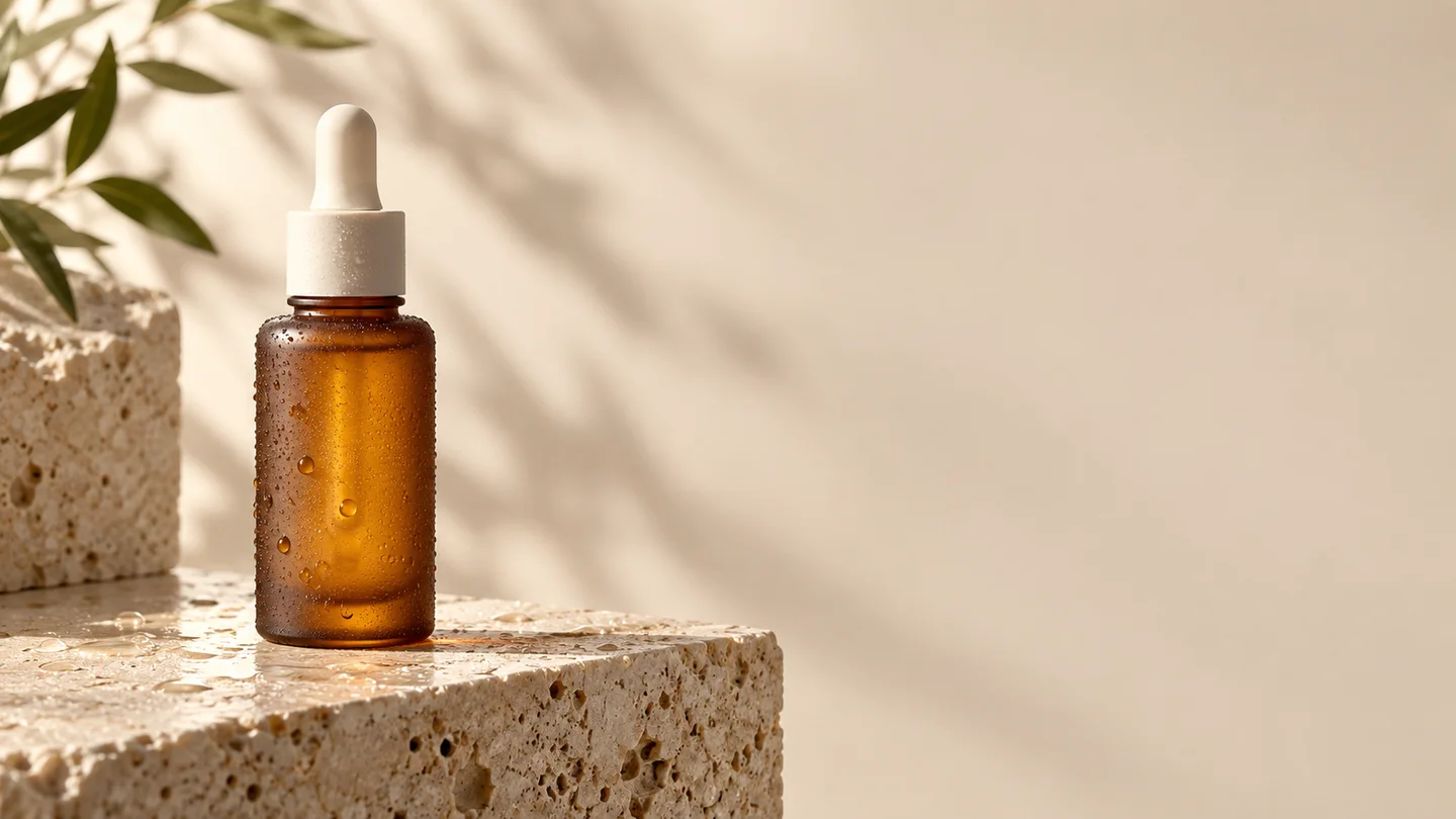 An amber serum bottle on travertine, with open beige space to the right.