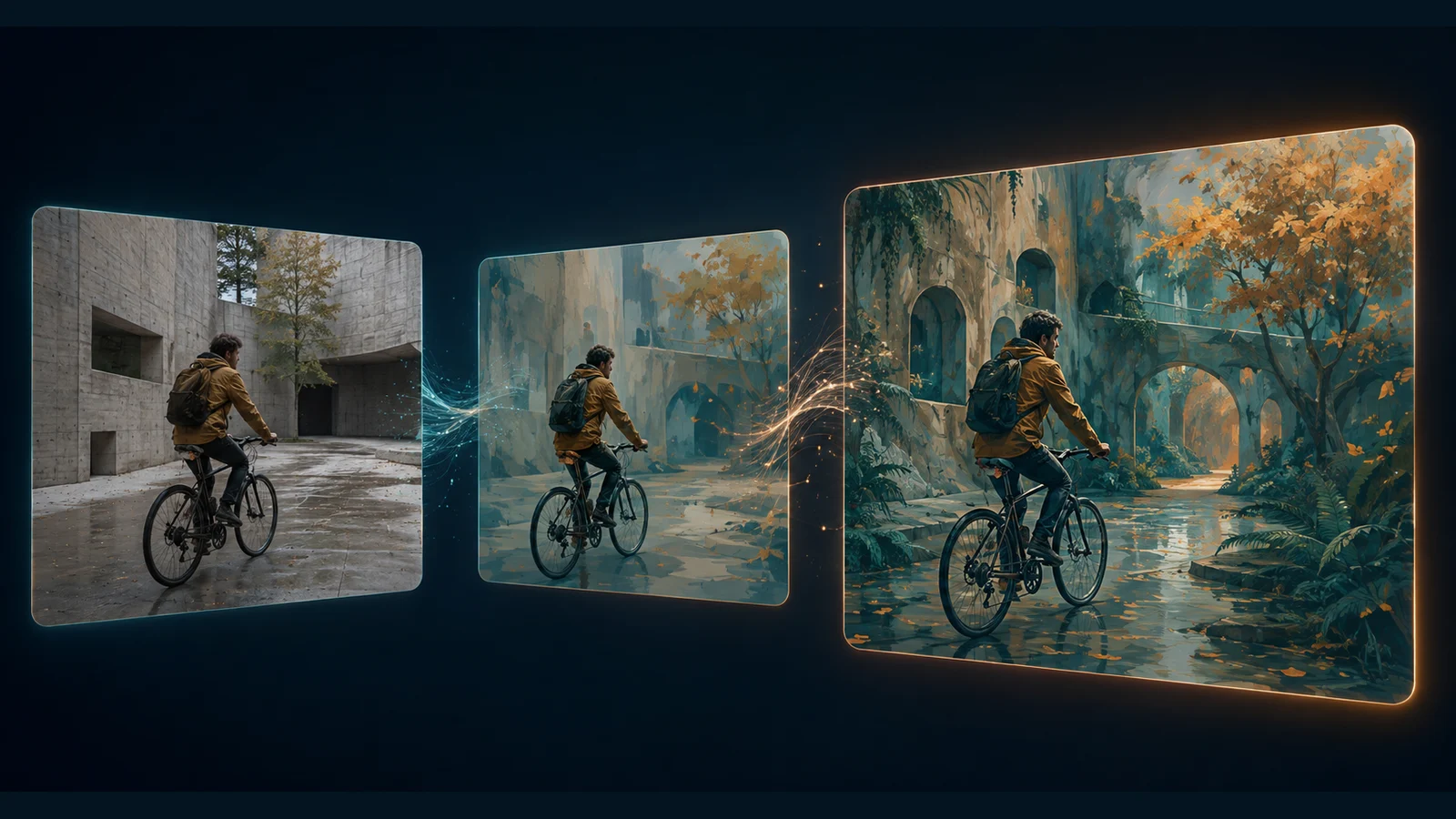 自転車の元動画を絵画調の場面へ変えるワークフローのイラスト